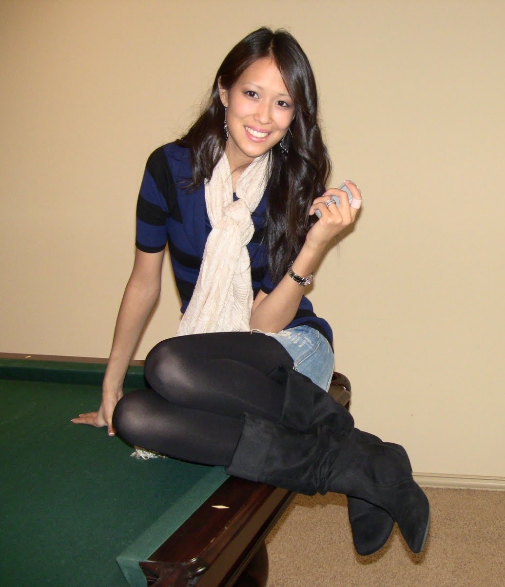Brunette Asian Girl wearing Blue Denim Mini Skirt and Black Opaque Shiny Pantyhose